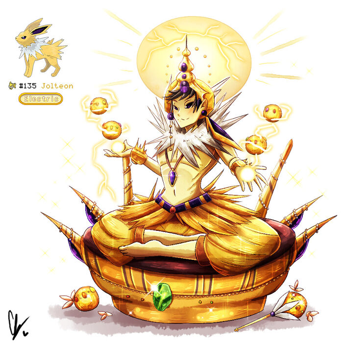 Wheelchair-bound artist's humanized Jolteon, featuring glowing golden attire and floating orbs in an electric-themed design.