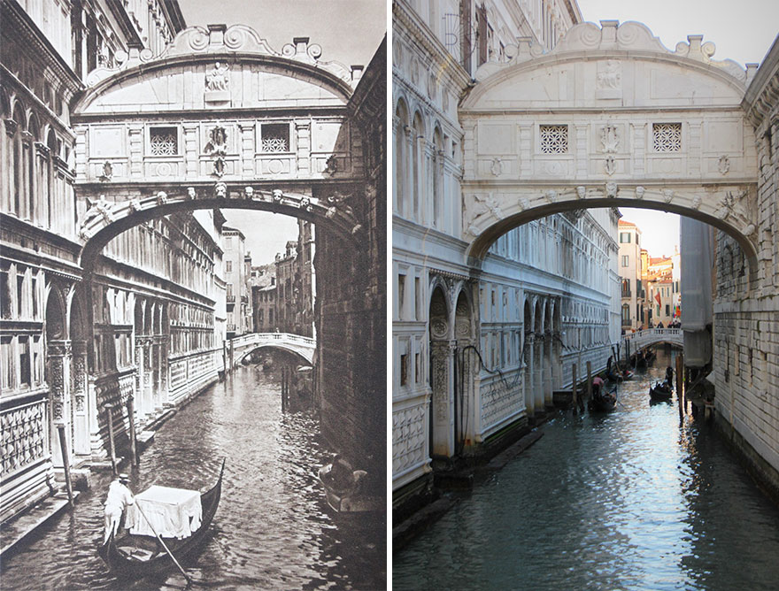 Ponte Dei Sospiri, The Bridge Of Sighs In Venice, Italy, 1925 vs. 2018