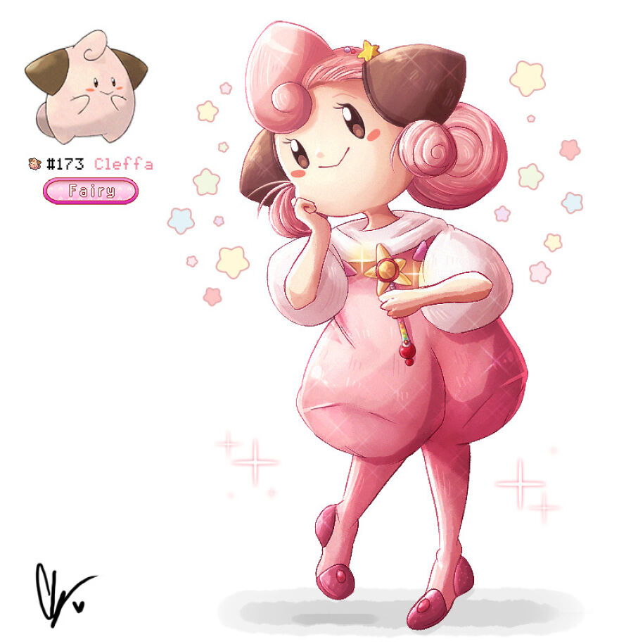 A pink Pokémon reimagined as a human-like character with curly hair, wearing a dress, holding a wand.