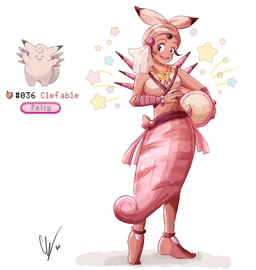 Human-like Clefable character in pink outfit with stars and fairy features, inspired by reimagined pink Pokémon concept.