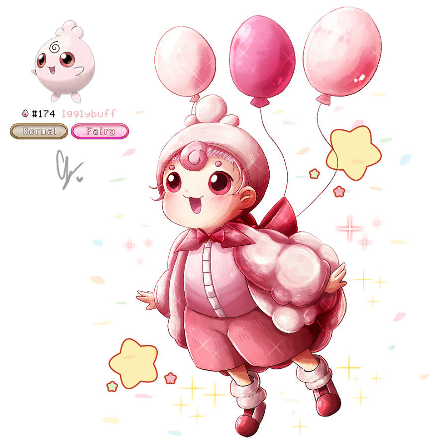 Human-like pink Pokémon character with playful design, featuring balloons and a cheerful expression.