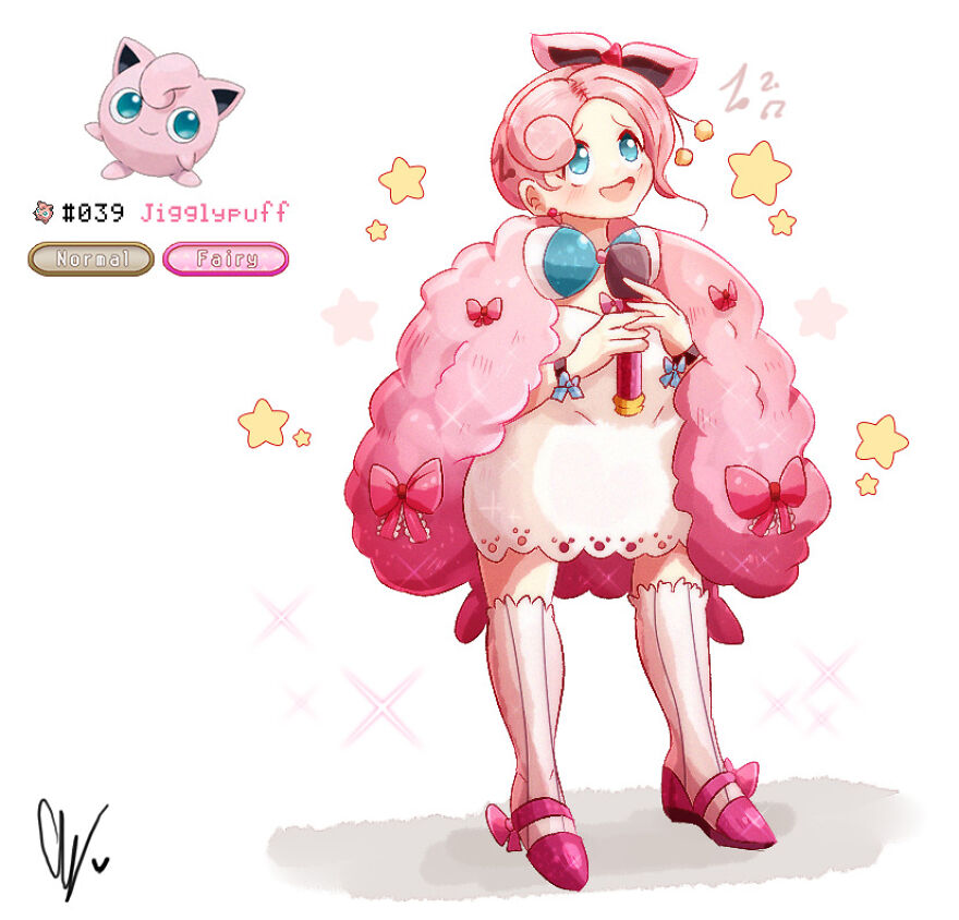 Human-like character inspired by pink Pokémon, featuring a fluffy pink outfit and holding a microphone.