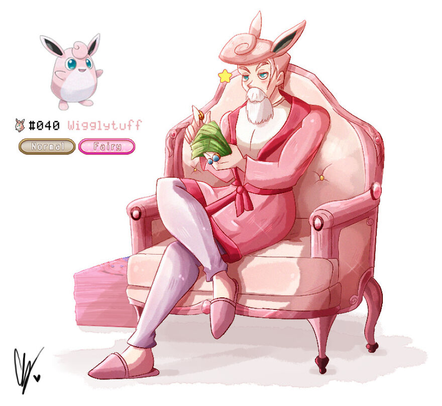 Human-like character inspired by pink Pokémon, Wigglytuff, sitting on a pink armchair in elegant attire.