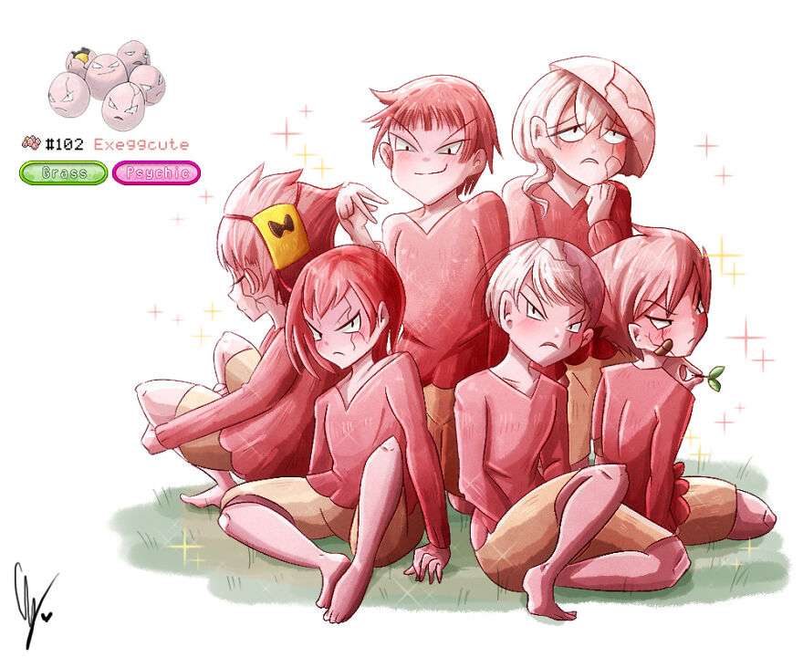 Human-like characters inspired by pink Pokémon Exeggcute, with expressive faces and pink hues, sitting together.