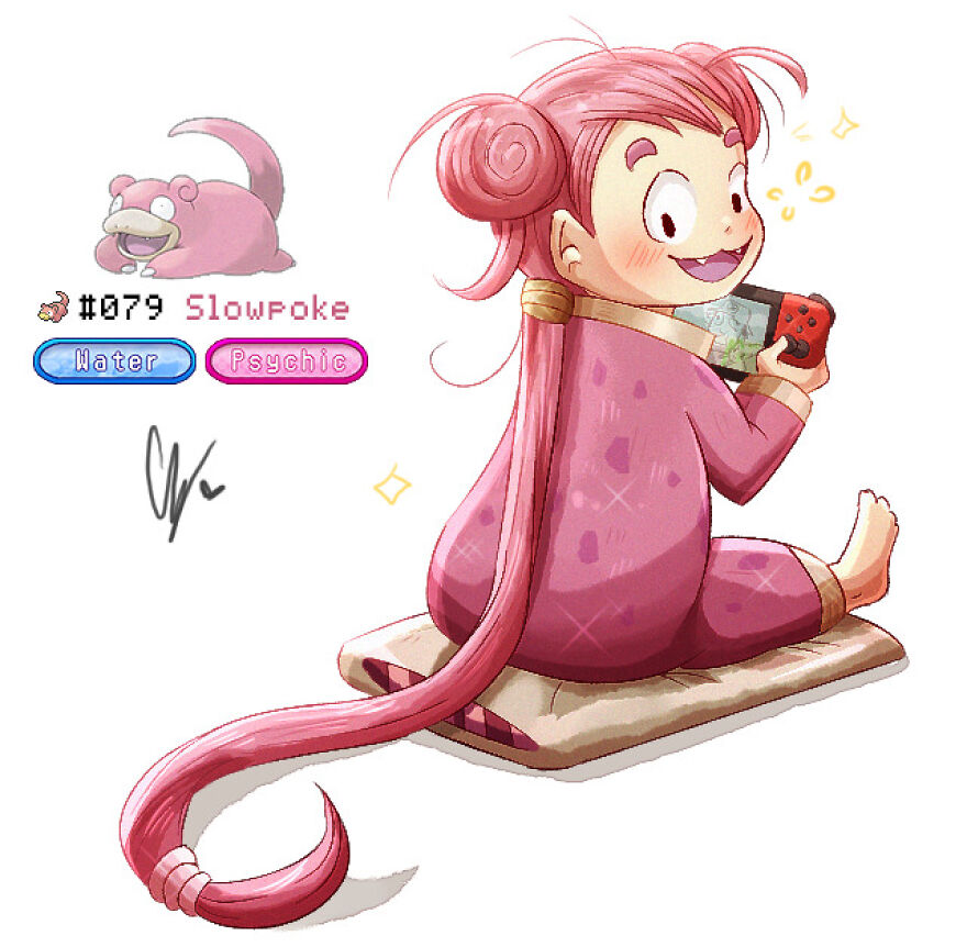 Human-like Slowpoke character with pink hair, sitting and playing a handheld game console, showcasing a cute, playful design.