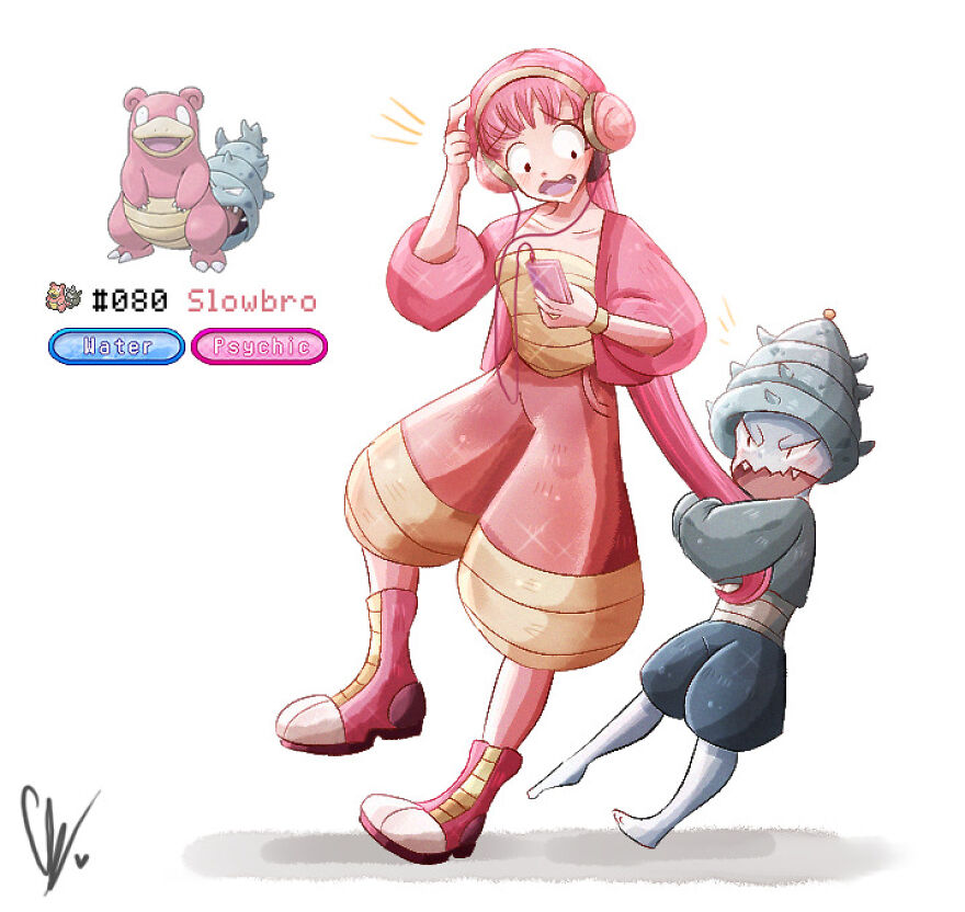 Human-like reimagining of pink Pokémon, Slowbro, depicted with pink attire and headphones, showcasing water and psychic traits.