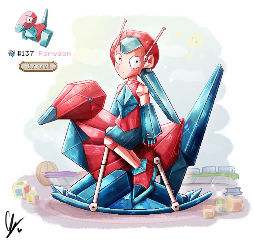 Human-like Porygon depicted in pink and blue, sitting on a geometric rocking horse design.