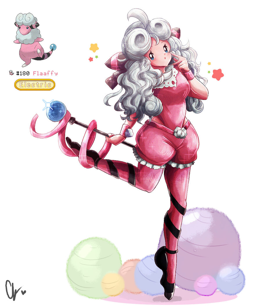 Human-like pink Pokémon character with curly hair and detailed costume, holding a staff, surrounded by colorful spheres.