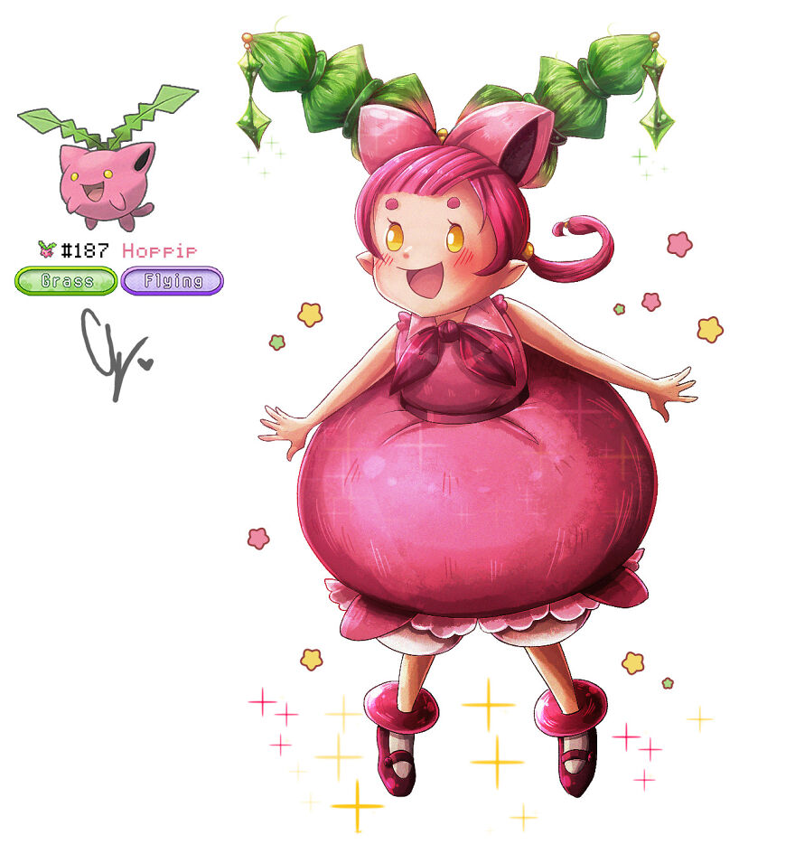 Human-like pink Pokémon character with pigtails and a balloon-shaped dress, inspired by Hoppip.