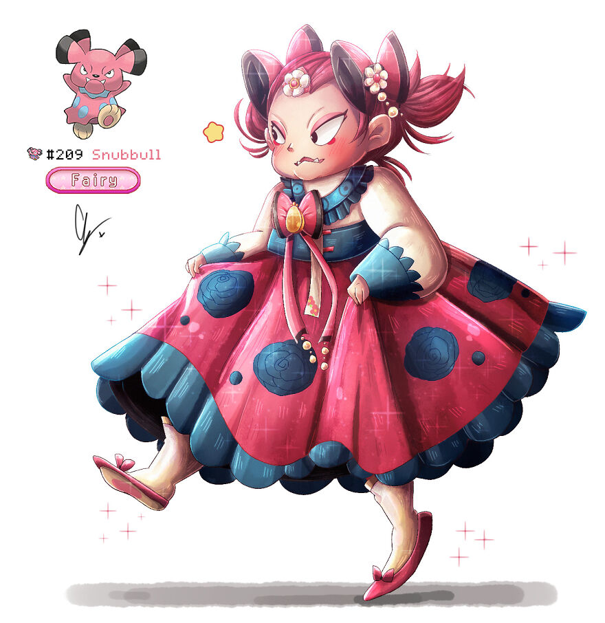 Human-like pink Pokémon character dressed in a vibrant, frilly outfit with playful accents.