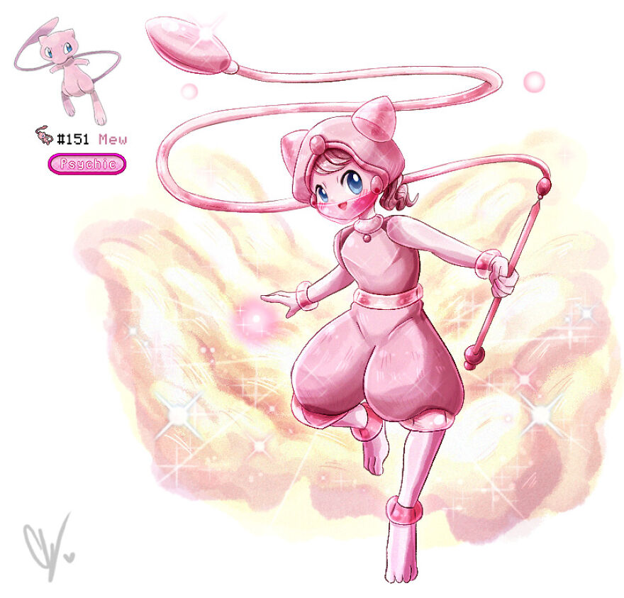 Human-like pink Pokémon character with cat ears and tail, wearing a pink outfit, floating in an ethereal background.