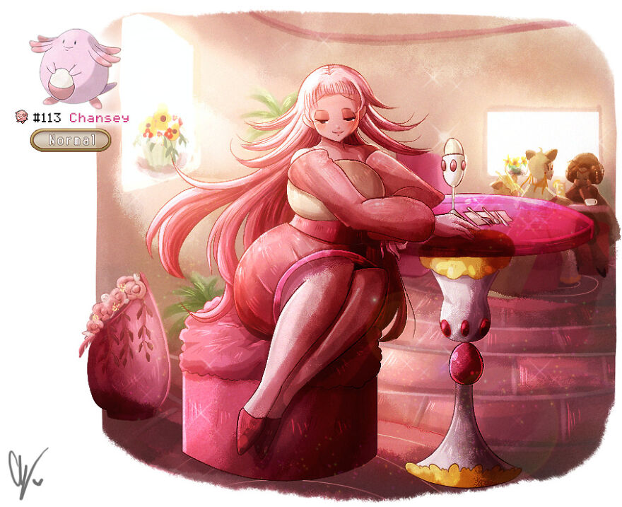 Human-like pink Pokémon character, inspired by Chansey, elegantly sitting in a stylish room with a pink table.