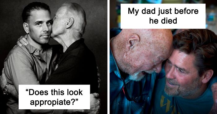 Black and white photo of Joe Biden and his son with similar heartfelt images responding to trolls called creepy.