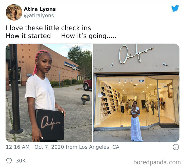 Woman holding branded box outside, then standing proudly in front of her own store, showcasing business success.
