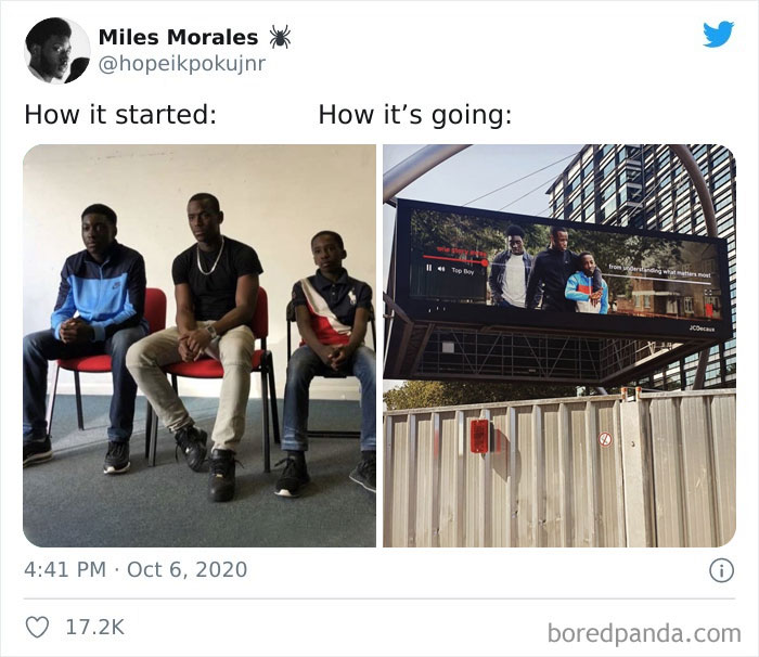 Three friends sitting on chairs; later, they appear on a large billboard for "Top Boy."