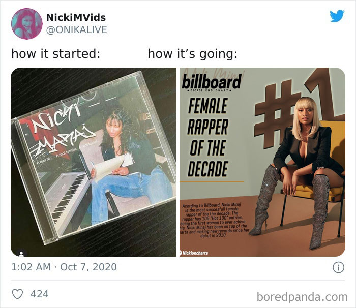 "CD cover on left shows early career; right shows award as Billboard's Female Rapper of the Decade."