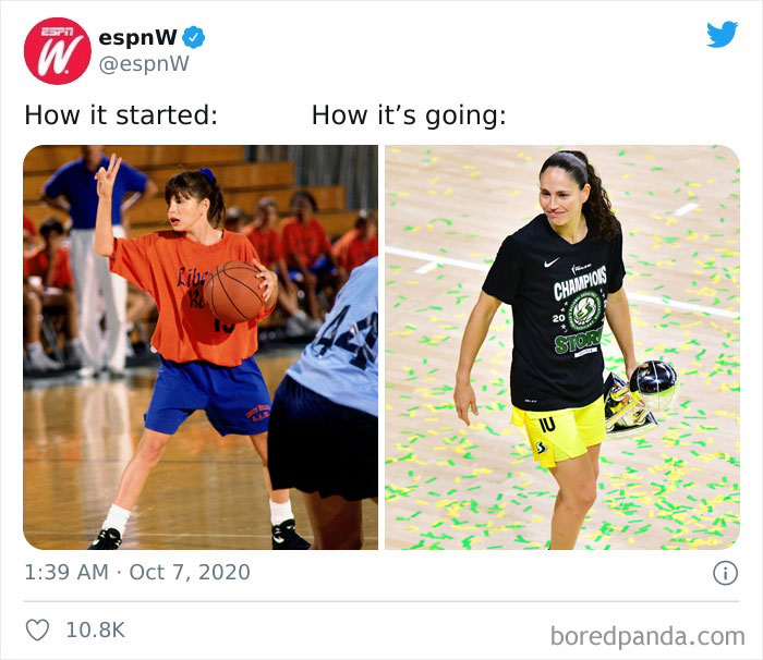 Child basketball player growing into a champion in adult jersey, illustrating a wholesome 'how it started vs. how it's going' story.