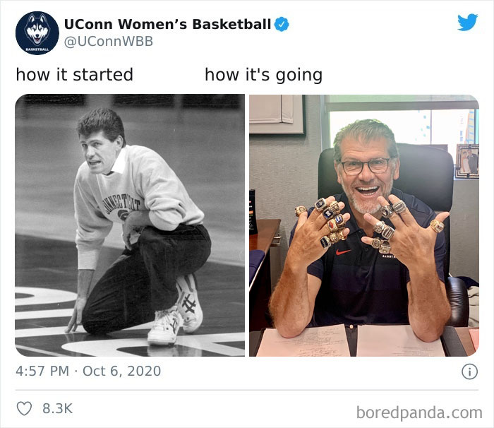 UConn Women's Basketball coach evolution, old black and white photo versus recent with championship rings.