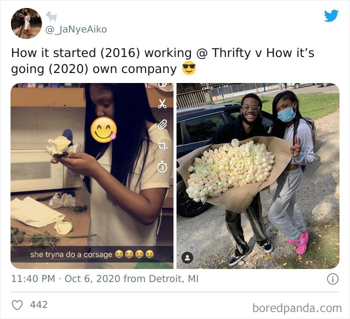 Wholesome progress: from working at Thrifty (2016) to owning a company (2020), woman holding bouquet.