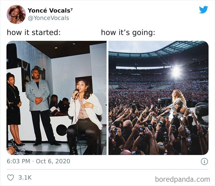 "Wholesome how it started vs how it's going post with contrasting music performance scenes."