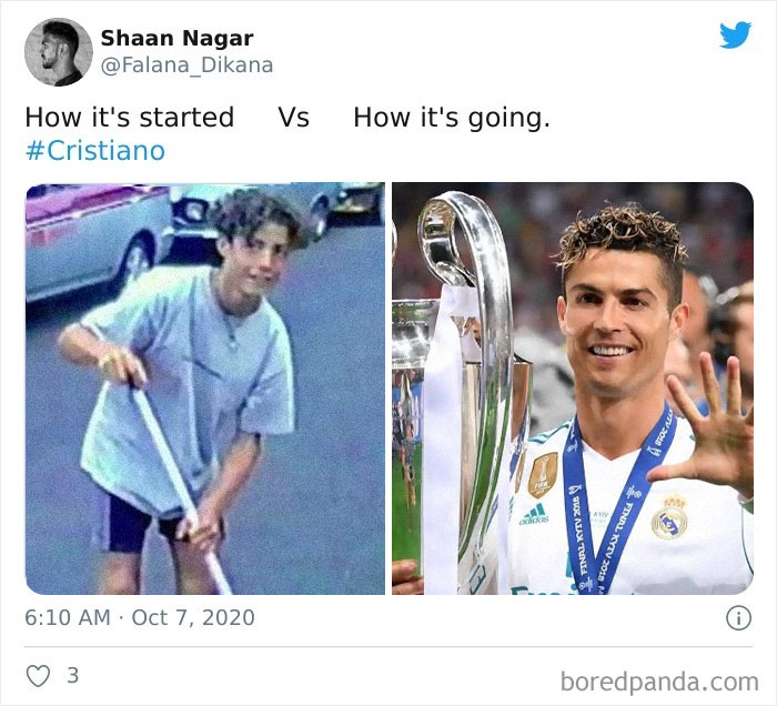 Teenager with a broom vs. athlete holding a trophy, showcasing 'How It Started vs. How It's Going'.