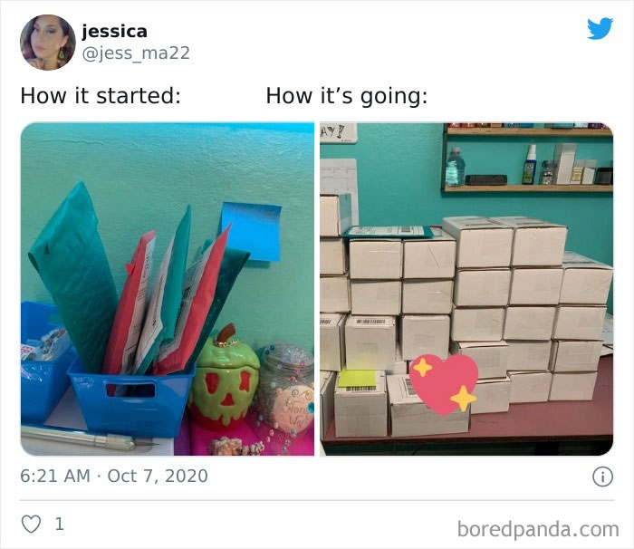 Wholesome progress image, starting with colorful folders in a bin, growing to stacked boxes on a shelf.