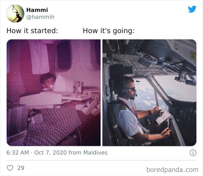 Child in airplane seat vs. adult piloting plane; wholesome 'How It Started vs. How It's Going' transformation.