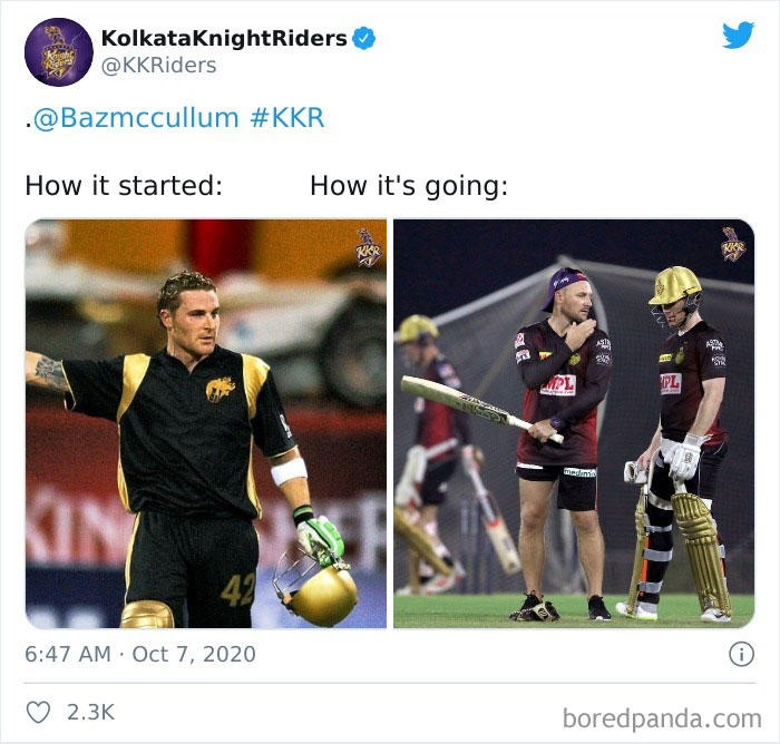 Cricketer's evolution: on the left in uniform holding a helmet; on the right in practice gear on the field.