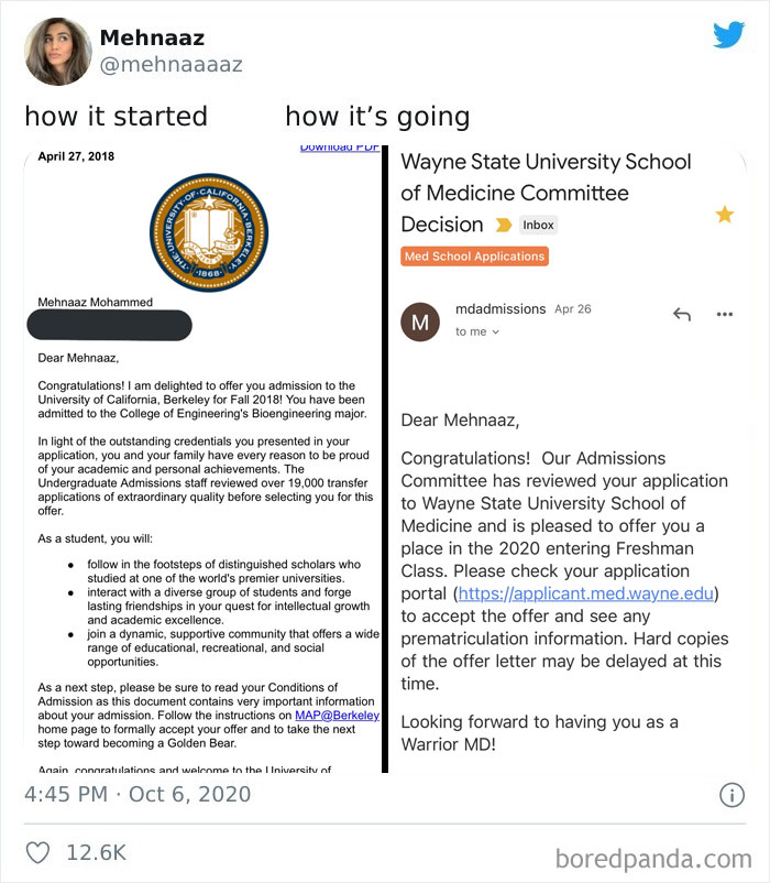 Two side-by-side acceptance letters showing a student's journey from UC Berkeley to Wayne State University School of Medicine.