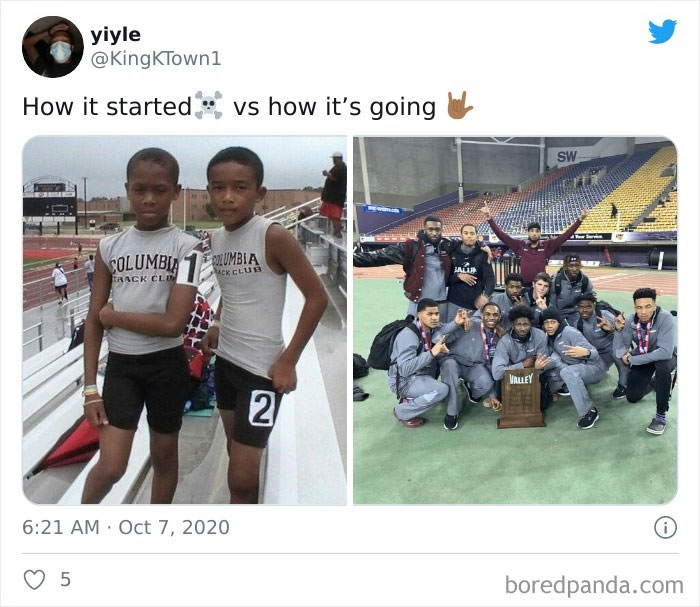 Two boys in track uniforms, then as part of a winning team with a trophy, showing progress and success.