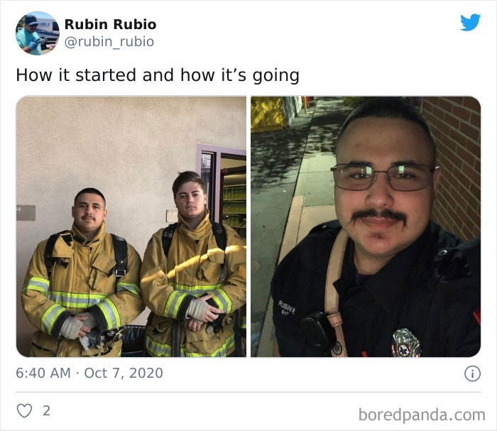 Two firefighters in gear on the left, one in a police uniform on the right, illustrating a wholesome progress.