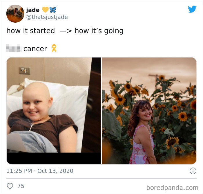 Side-by-side images showing a person’s cancer journey transformation from hospital bed to smiling in a sunflower field.