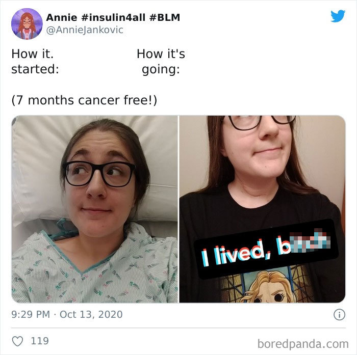 Side-by-side photos showing a woman celebrating being seven months cancer free in a cancer story challenge post.