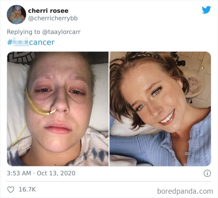Side-by-side photos showing one woman during cancer treatment and later healthy and smiling, illustrating cancer stories wholesomeness.