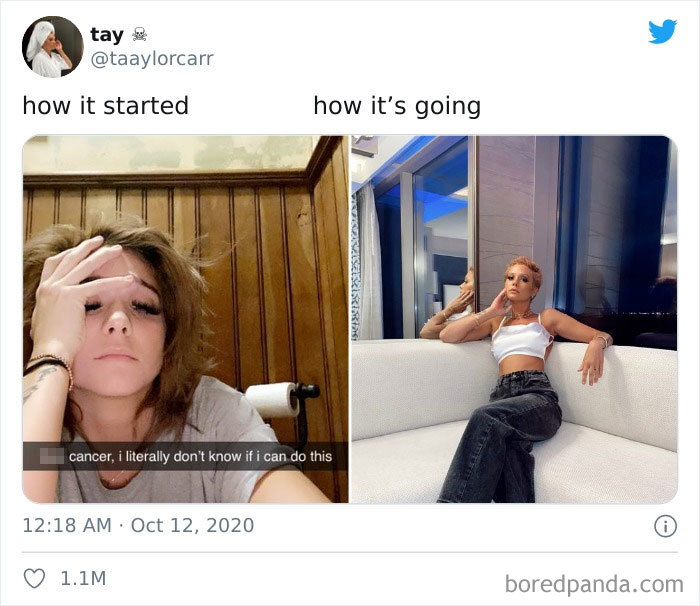 Side-by-side photos showing a cancer patient’s journey, highlighting the how it started vs how it’s going challenge.