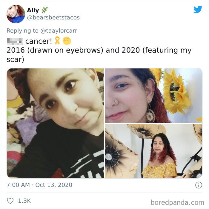 Before and after photos of a young woman sharing her cancer story in the how it started vs how it's going challenge.