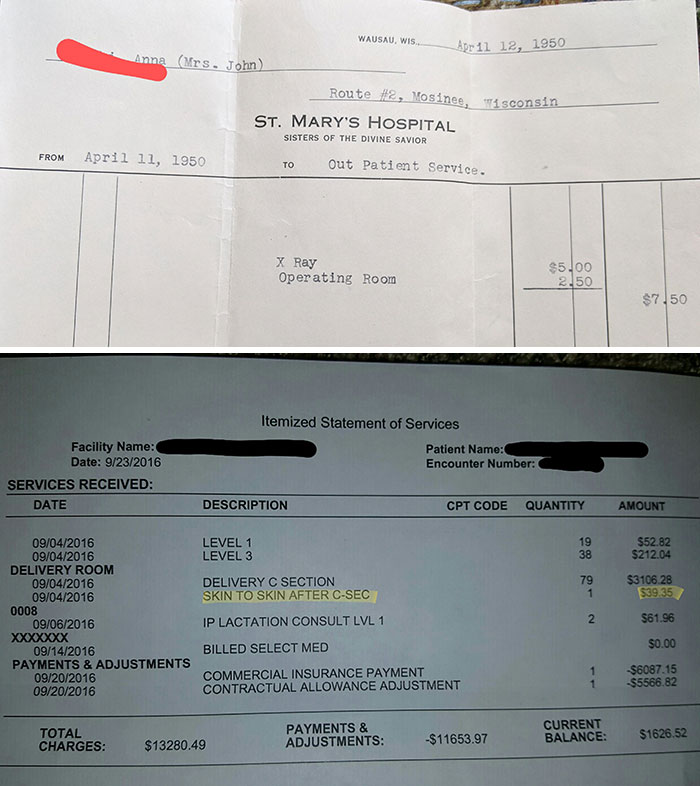 Medical Bill From 1950 vs. $39.35 To Hold A Baby After He Was Born In 2016