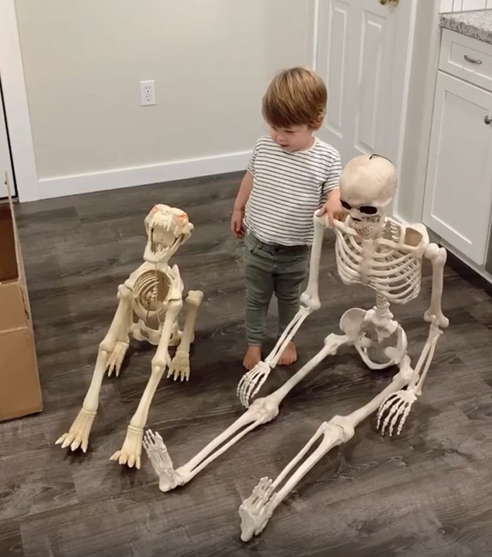 Toddler Befriends A Creepy Skeleton His Parents Got As A Halloween Decoration, Even Has It Watch Over Him As He Sleeps