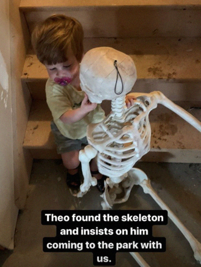 Toddler Befriends A Creepy Skeleton His Parents Got As A Halloween Decoration, Even Has It Watch Over Him As He Sleeps