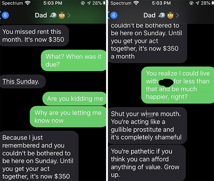 My Dad Charges Me $300 A Month For Rent And Refuses To Let Me Move Out. After Spending The Weekend With My Boyfriend, I Received This