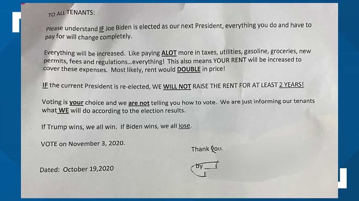 Landlord Makes It Clear That He Will Raise The Rent If Biden Gets Elected Landlord Makes It Clear That He Will Raise The Rent If Biden Gets Elected