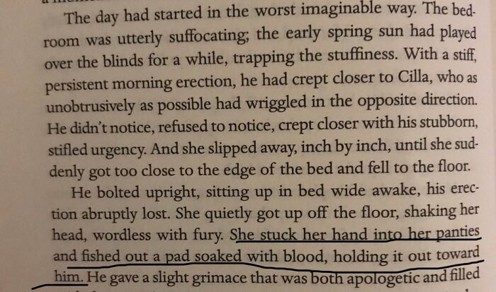 Book page with a paragraph describing woman and man being intimate 