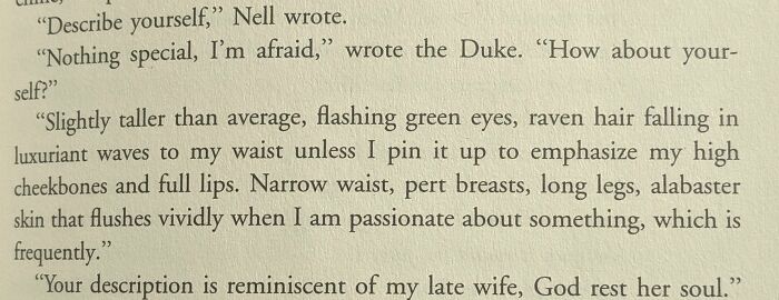 Book page with a paragraph describing woman telling about herself 