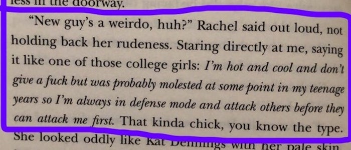 Book page with a paragraph describing woman talking about college girls d