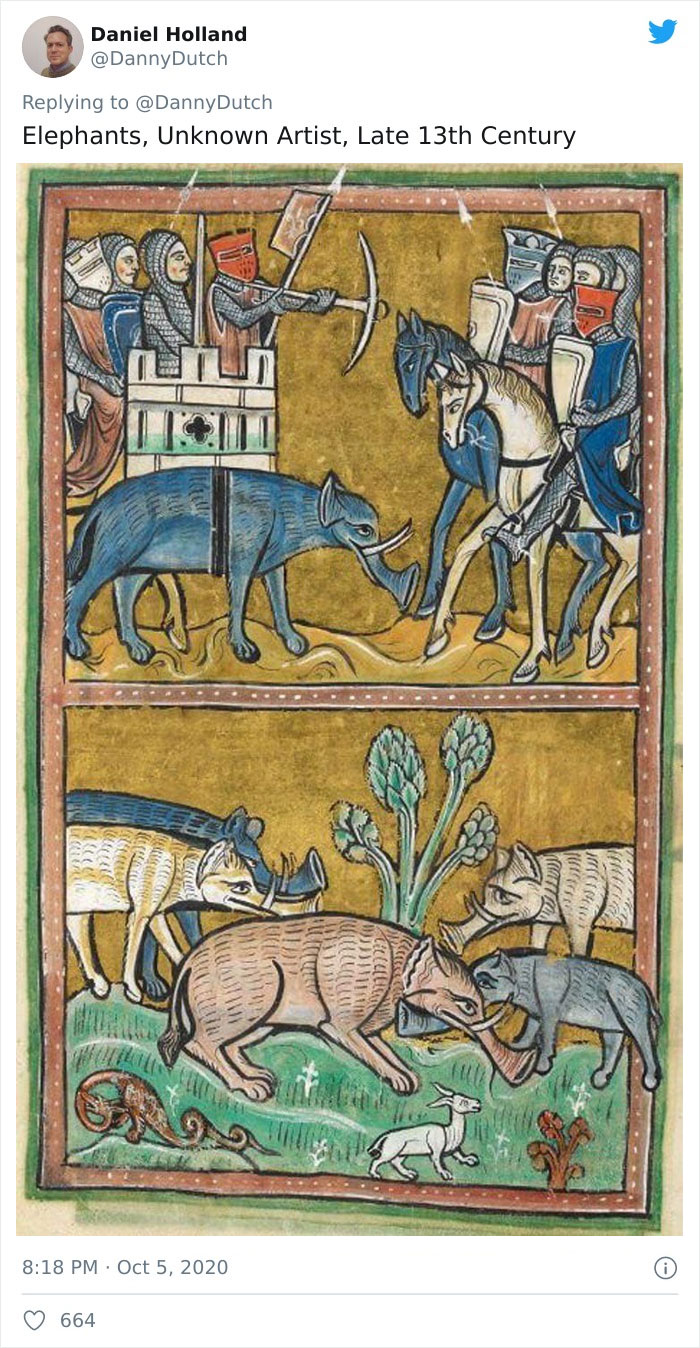 Medieval painters' attempts to paint animals they never saw, featuring a blue elephant and oddly shaped boars.