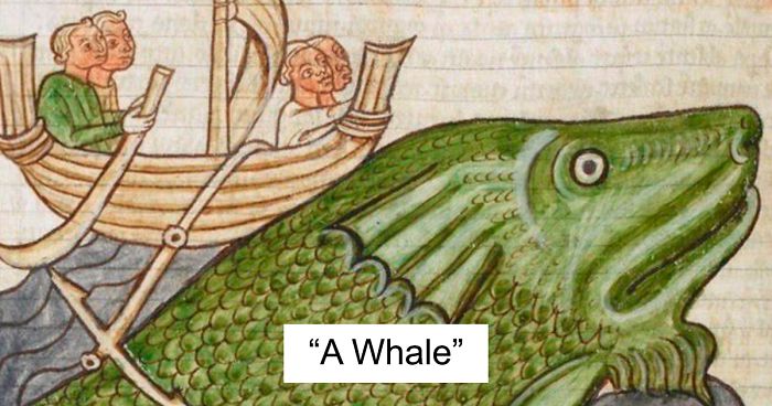 Medieval painters' humorous attempt to depict a whale as a large green fish with human rowers on its back.
