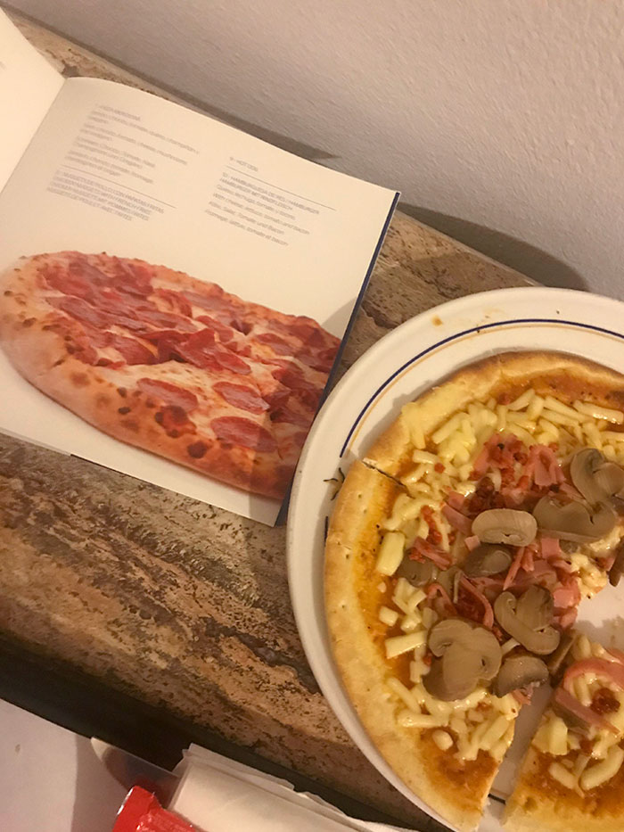 Picture Of Pizza On Room Service Menu vs. Actual Pizza