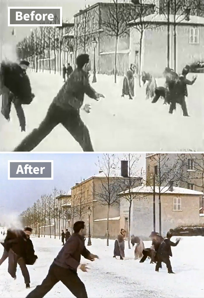 1896 B&W Film Of Snowball Fight in France is Colorized And Speed-Adjusted To Look Incredibly Modern 1896 B&W Film Of Snowball Fight in France is Colorized And Speed-Adjusted To Look Incredibly Modern