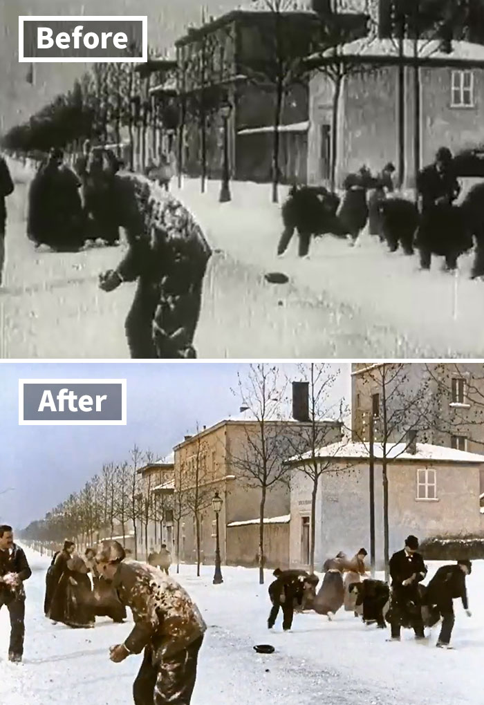 1896 B&W Film Of Snowball Fight in France is Colorized And Speed-Adjusted To Look Incredibly Modern 1896 B&W Film Of Snowball Fight in France is Colorized And Speed-Adjusted To Look Incredibly Modern