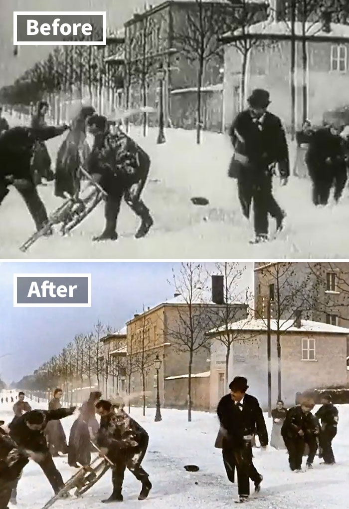1896 B&W Film Of Snowball Fight in France is Colorized And Speed-Adjusted To Look Incredibly Modern 1896 B&W Film Of Snowball Fight in France is Colorized And Speed-Adjusted To Look Incredibly Modern